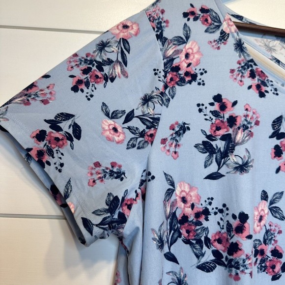 Pink Rose Short Sleeve Dress 2X XXL Blue Floral Stretch Criss Cross Knee Length - Picture 4 of 7